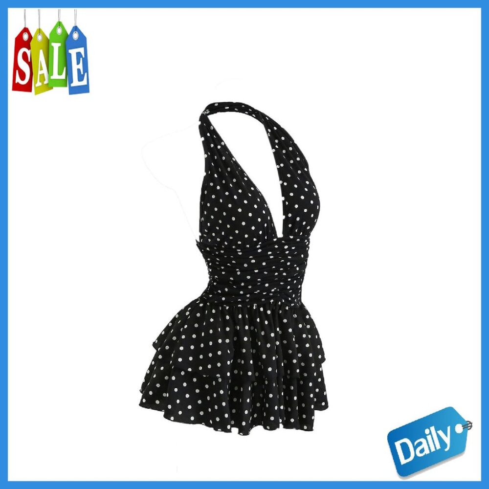 Sleeveless Halter Mini Dress With Ruffle Layered Hem Vintage Style
